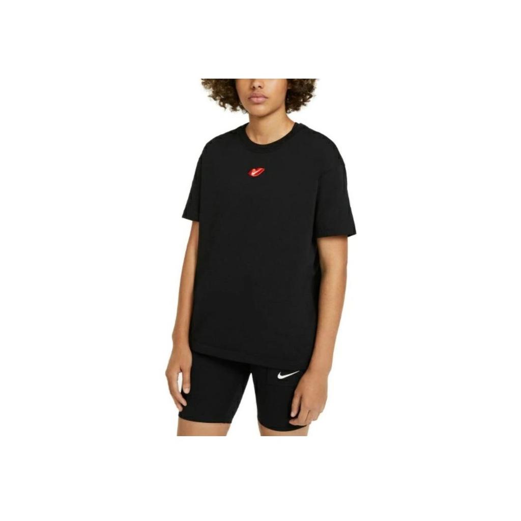 Nike Повседневная спортивная футболка с круглым вырезом и красными губами, с коротким рукавом, женские топы, черные DB9819-010