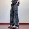 Summer Men's Jeans Flap Pockets Lightweight Denim Cargo Pants Wide Leg Baggy Jeans Straight Trousers