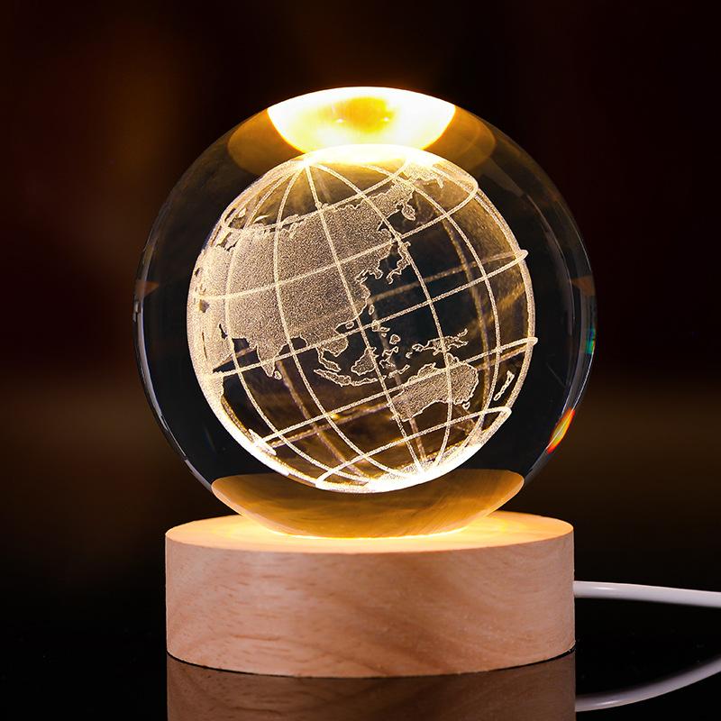 Crystal Ball Night Light 3D Carved Starry Sky Solid Wood Base Soft Bedside Lamp for Bedroom Decor Gift