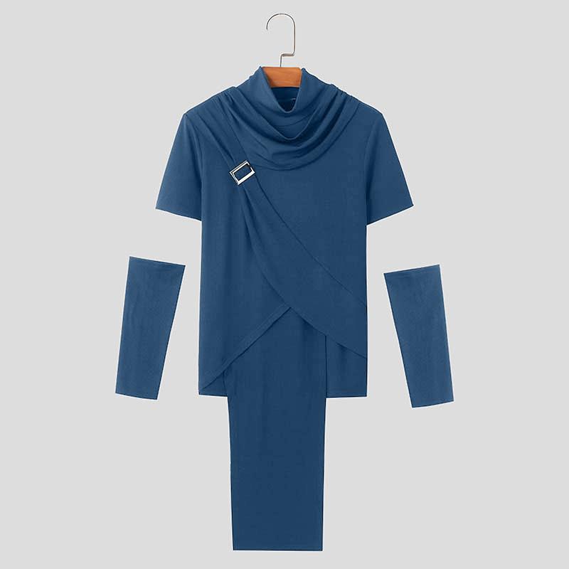 INCERUN Мужские топы с высоким воротником-хомутиком и рукавами в стиле пэчворк, повседневные облегающие футболки с нерегулярными слоями