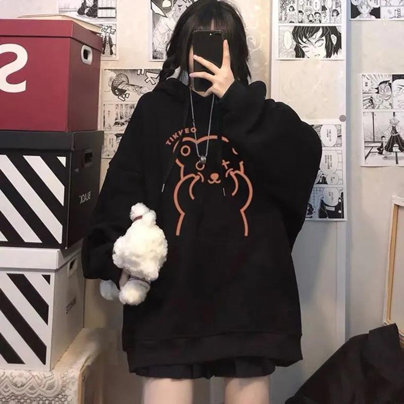 Толстовка с капюшоном, женская осенне-зимняя стеганая свободная удобная толстовка с медведем, повседневный пуловер большого размера, топ