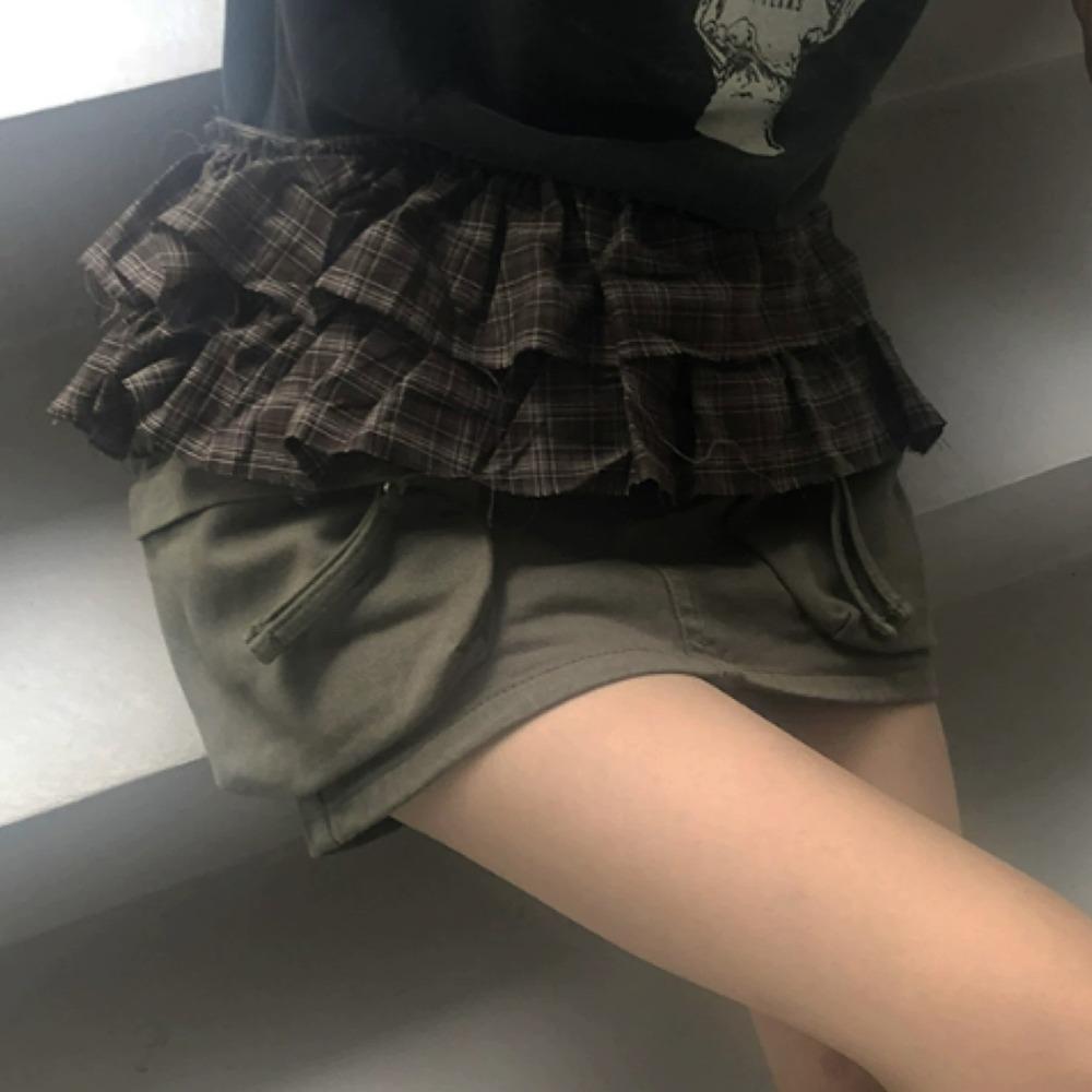 Hip-hop Layer Outfits Plaid Skirt Shirt Extender Ruffled Edge Waistband Jeans Decor