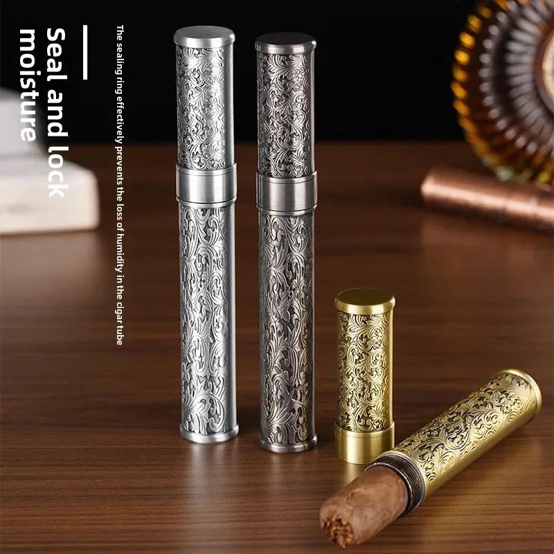 Portable Metal Cigar Case Single Tube Humidor with Moisturizing Seal Cover Waterproof Travel Outdoor Cigar Accessories for Men