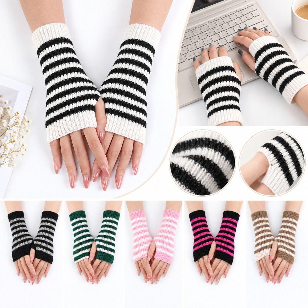 Striped Knitted Mittens Fingerless Fingerless Gloves New Arm Warmers Women