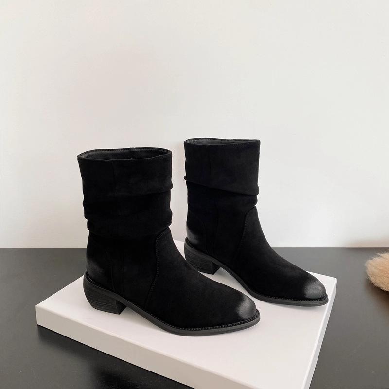 Модные женские сапоги со сборками, темпераментные, на среднем каблуке, женская обувь, модные осенние однотонные сапоги до колена, женские высокие сапоги-ботфорты
