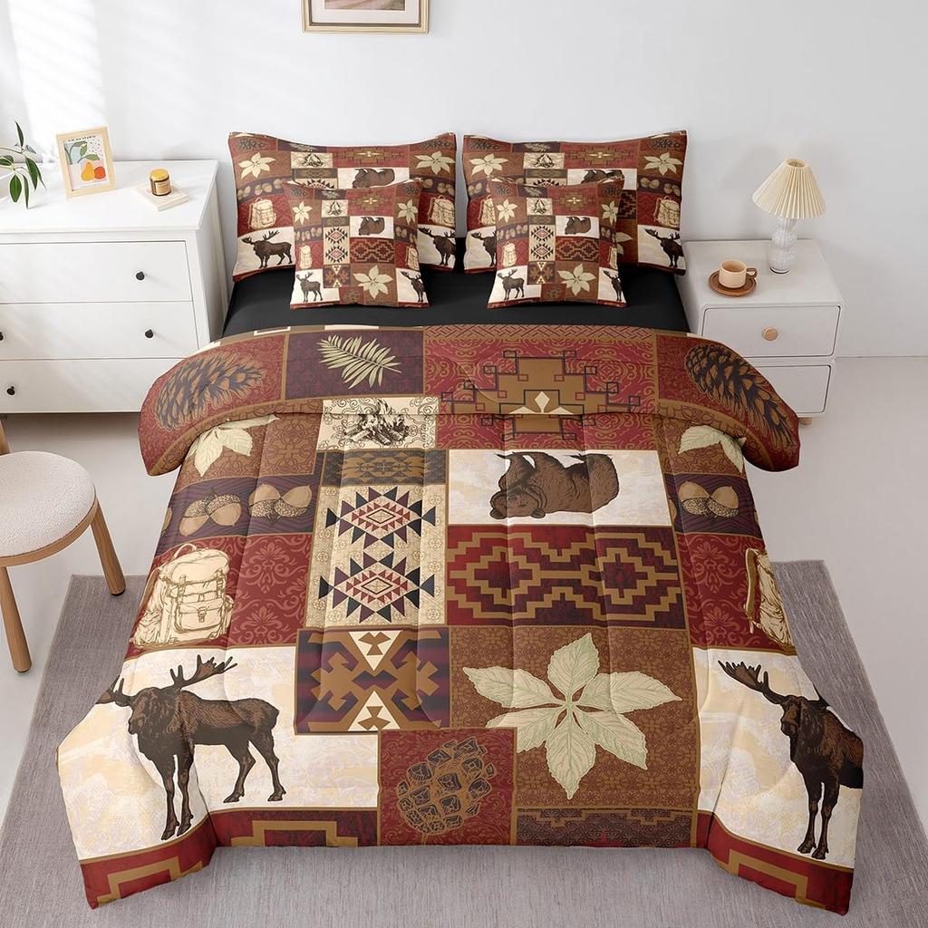 Erosebridal Rustic Farmhouse Comforter Set 7 Pcs Queen,Retro Cabin Lodge Down Comforter,Hunting Bear Deer Bed in a Bag,Country Maple Leaves