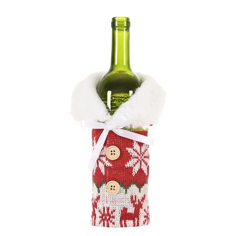 Christmas Wine Bottle Cover Knitted Red Sweater Button Snowflake Christmas Bottle Bag Xmas New Year Gift Kitchen Table Ornaments