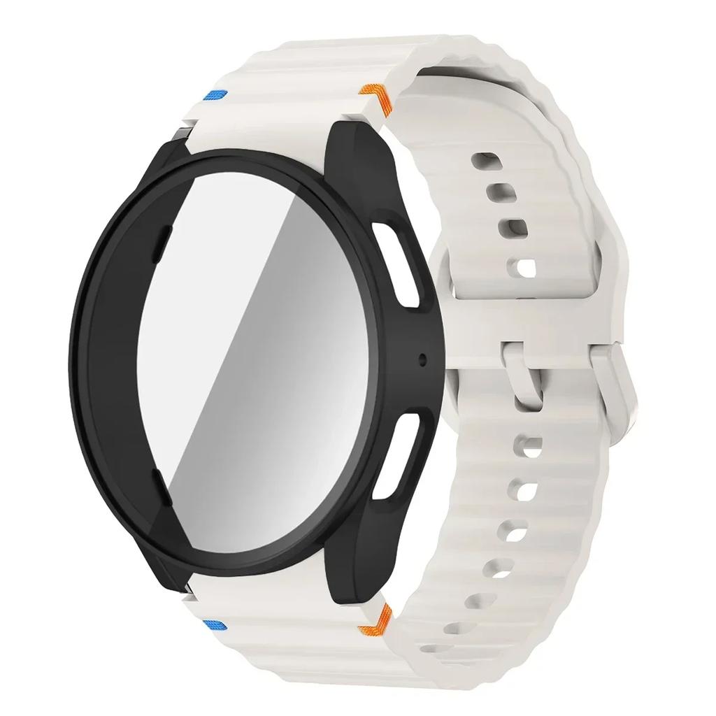 Чехол+Ремешок для Samsung Galaxy Watch 7 6 5 4 40мм 44мм Силиконовый Браслет Защитная Пленка для Экрана из Закаленного Стекла Бампер