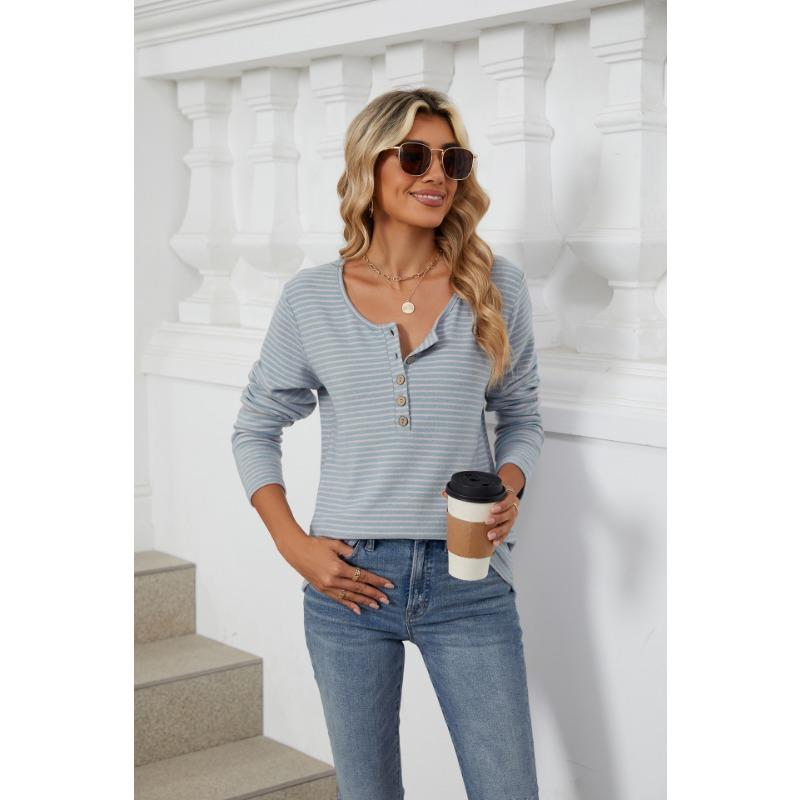 Spring and Autumn Women's Blouse Round Neck Button Loose Long Sleeve Striped Top