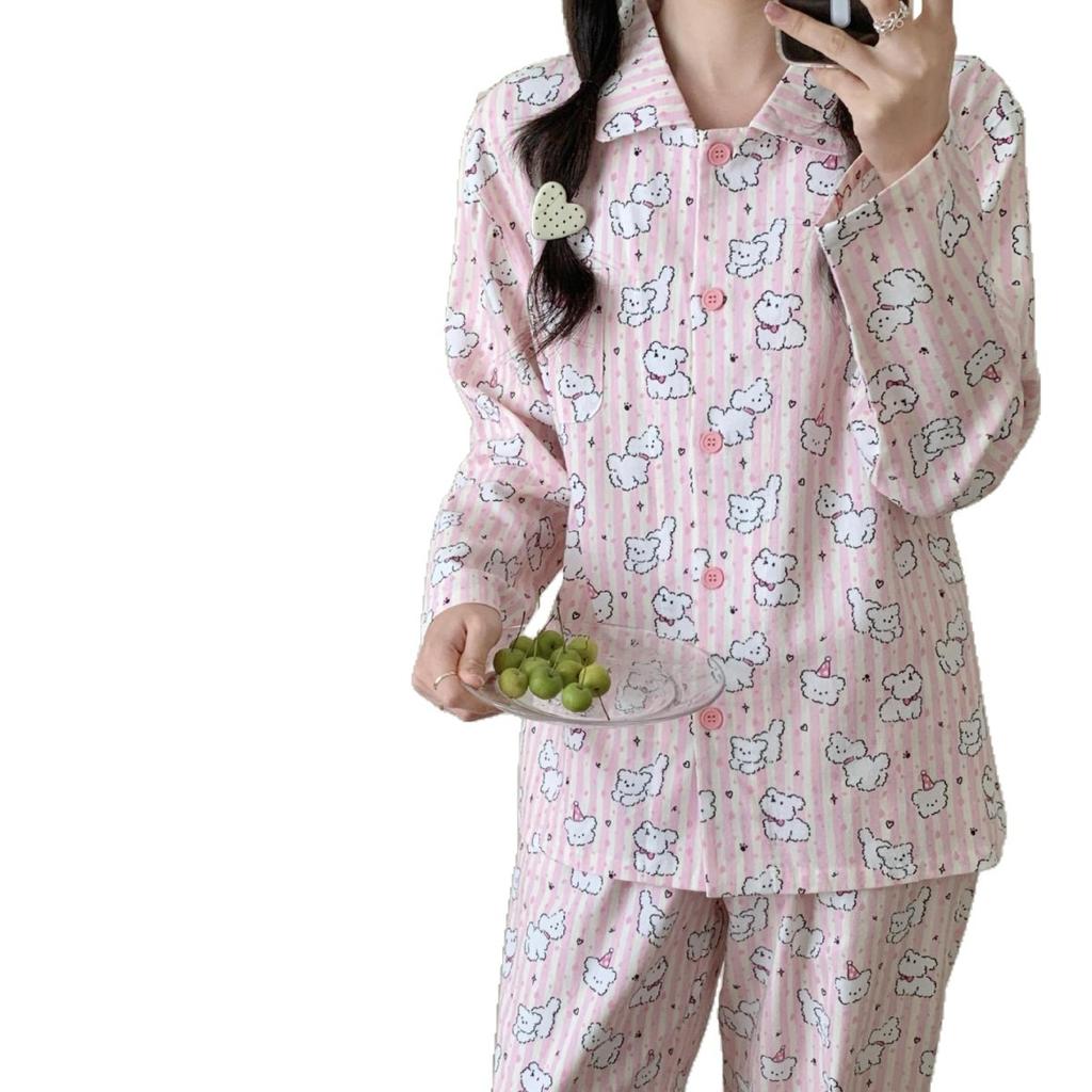 Blue bear pajamas pure cotton polished spring and autumn cartoon cute loungewear suit can be worn outside long-sleeved pajamas