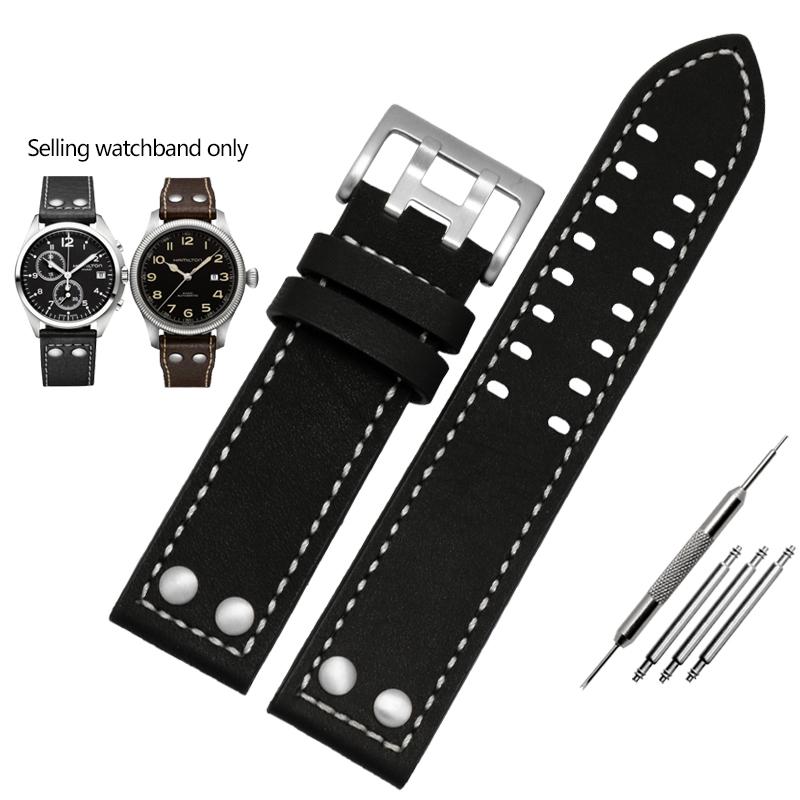 ОДИННатуральная кожаный ремешок для часов Hamilton Khaki Aviation Field Series Мужской ремешок Браслет с заклепками Коричневый 20мм 22ммMN