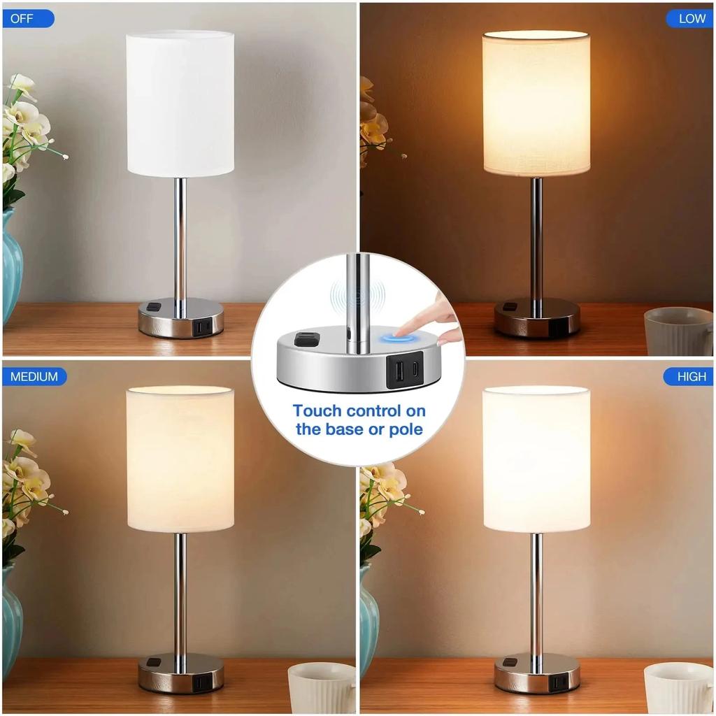 Small Table Lamp Led Rechargeable Light Pull Chain Reading Light with AC Outlet Bedside Table Beige Lampshade for Bedroom Kids
