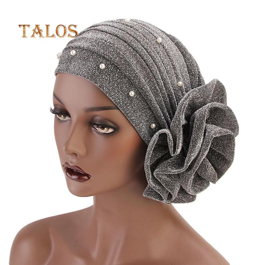 TALOS Fashion Faux Pearl Decor Big Flower Women Hijab Turban Hat Head Wrap