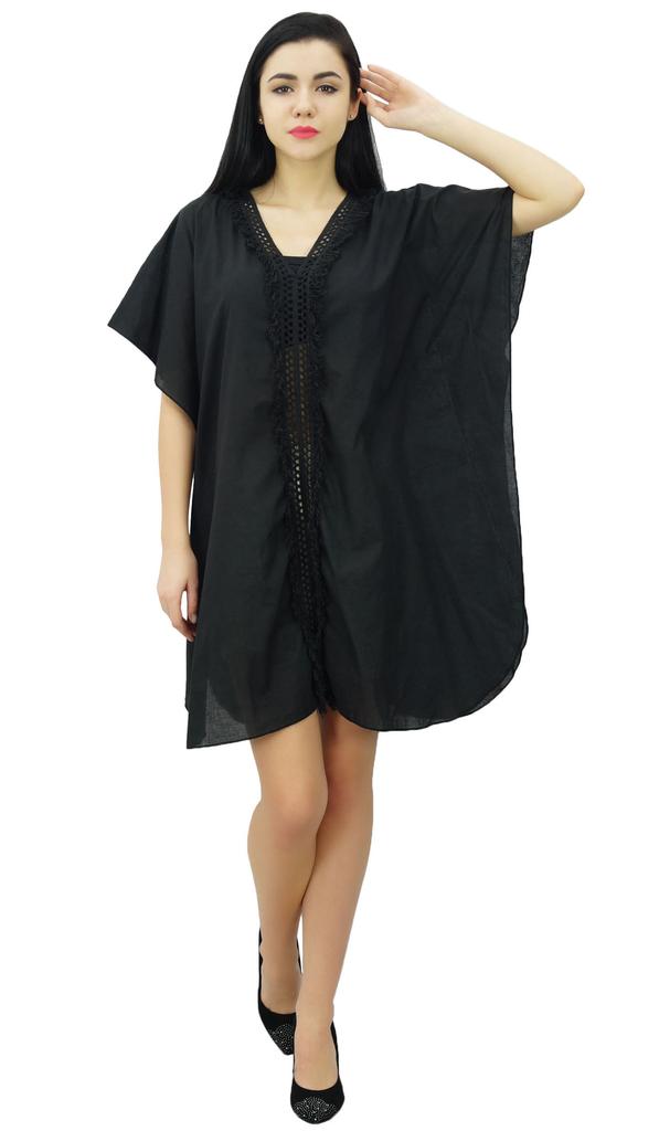 Bimba Женский хлопковый кафтан короткий кафтан прозрачный кружевной спереди пляжное прикрытие