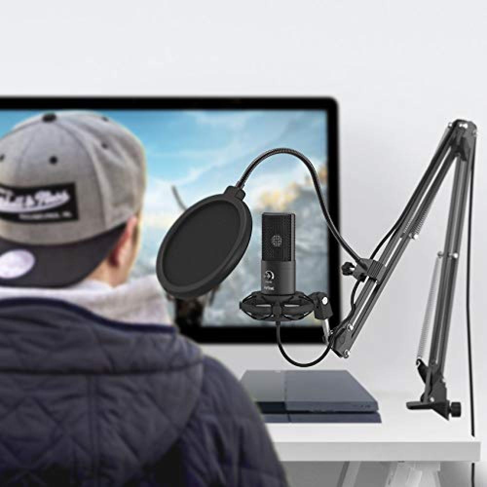 FIFINE Комплект USB-микрофона, конденсаторный микрофон, игровой микрофон, однонаправленный, подставка в комплекте (Нет штатива), Включая Pop Guard, Распространяется