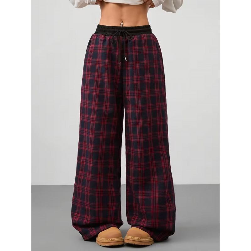Womens Relaxed Fit Plaid Wide Leg Pants With Drawstring Waist Fall Winter Casual Trousers