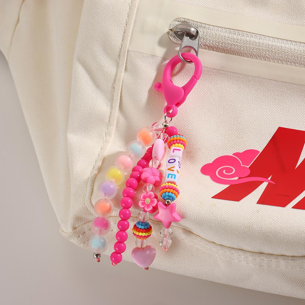 Colorful Bead Keychain Charm for Kids and Students School Bag Pendant Smiling Face and LOVE Letter Beaded Keychain