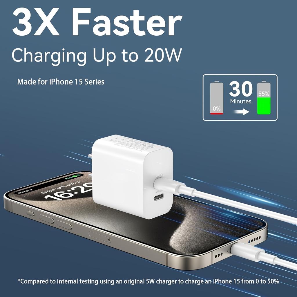 Для iPhone 16 Быстрая зарядка, 20 Вт Двойной порт USB C Зарядное устройство с кабелем USB C для быстрой зарядки 10 футов для iPhone 15 Pro Max/15 Pro/15 Plus