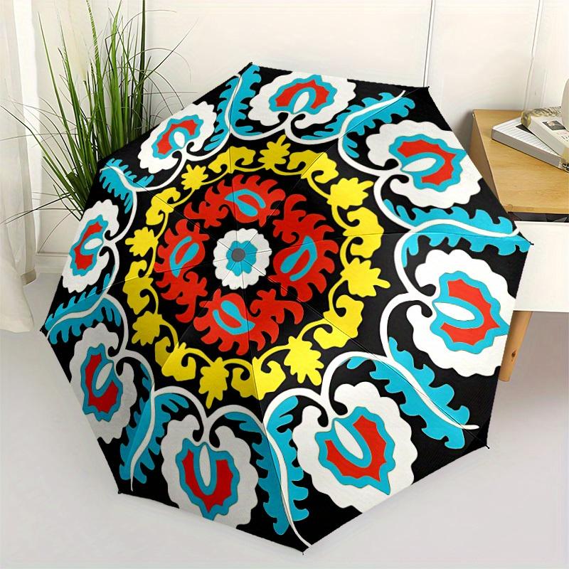1pc Suzani Embroider Automatic Open/close Folding Umbrella, Compact Portable Travel Umbrella, Durable Construction yy250804140