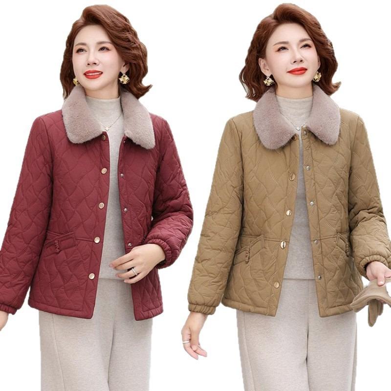 Medium Mother Fleece Thickened Cotton-padded Clothes Lapel Cotton Clothes Winter Warm Tops Middle-aged and Elderly Women's Short Coats