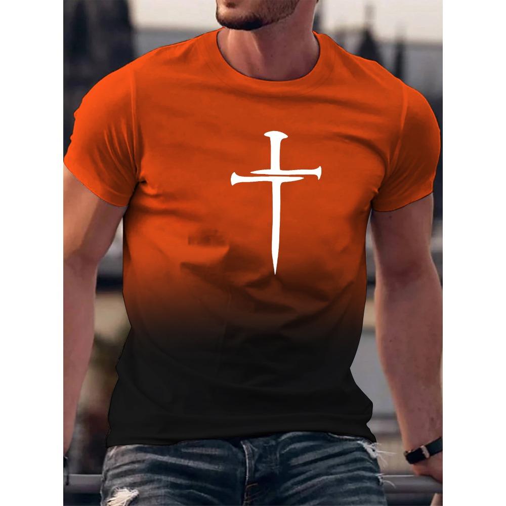 Christian Cross Pattern Print Men's Comfy O-Neck T-shirt Graphic Tee Summer Clothes Outfits  T Shirts Bibble