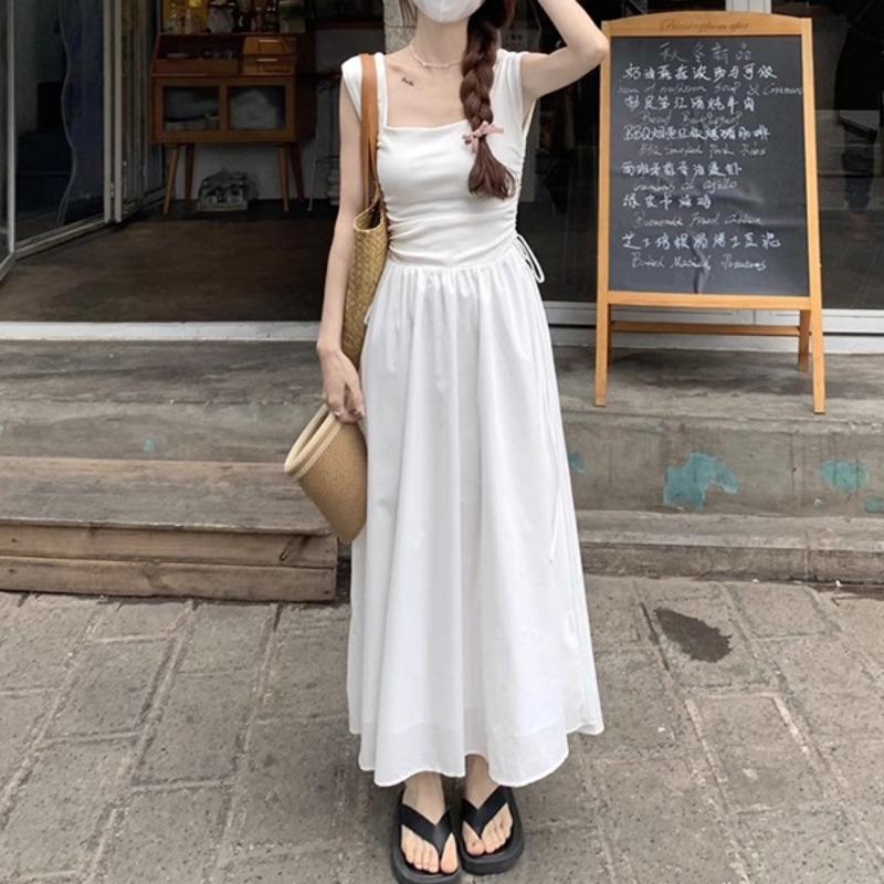 Платье с французским квадратным вырезом и халтер-топом, женское летнее платье с плиссировкой и усовершенствованной талией, без рукавов, длинное