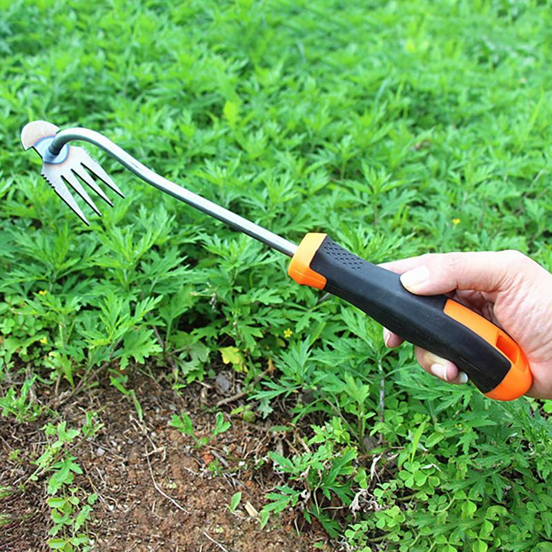 2 In 1 Garden Rake Manual WSeed Grass Rooting Tool Puller Shovel 4 Teeth Weeding Removal Hand Gardening Loose Soil Tool Weeder
