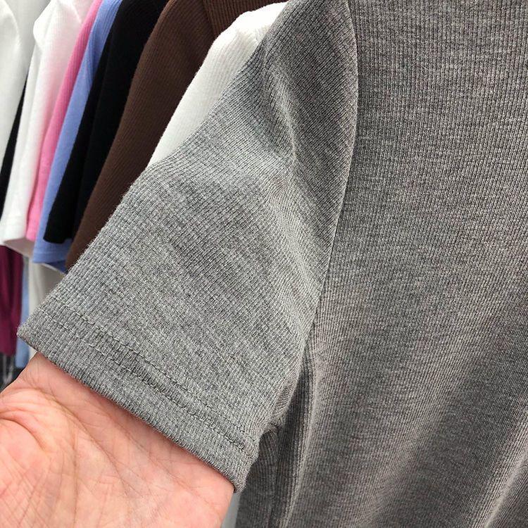 2023 Летняя женская облегающая однотонная футболка с круглым вырезом и коротким рукавом - корейский стиль