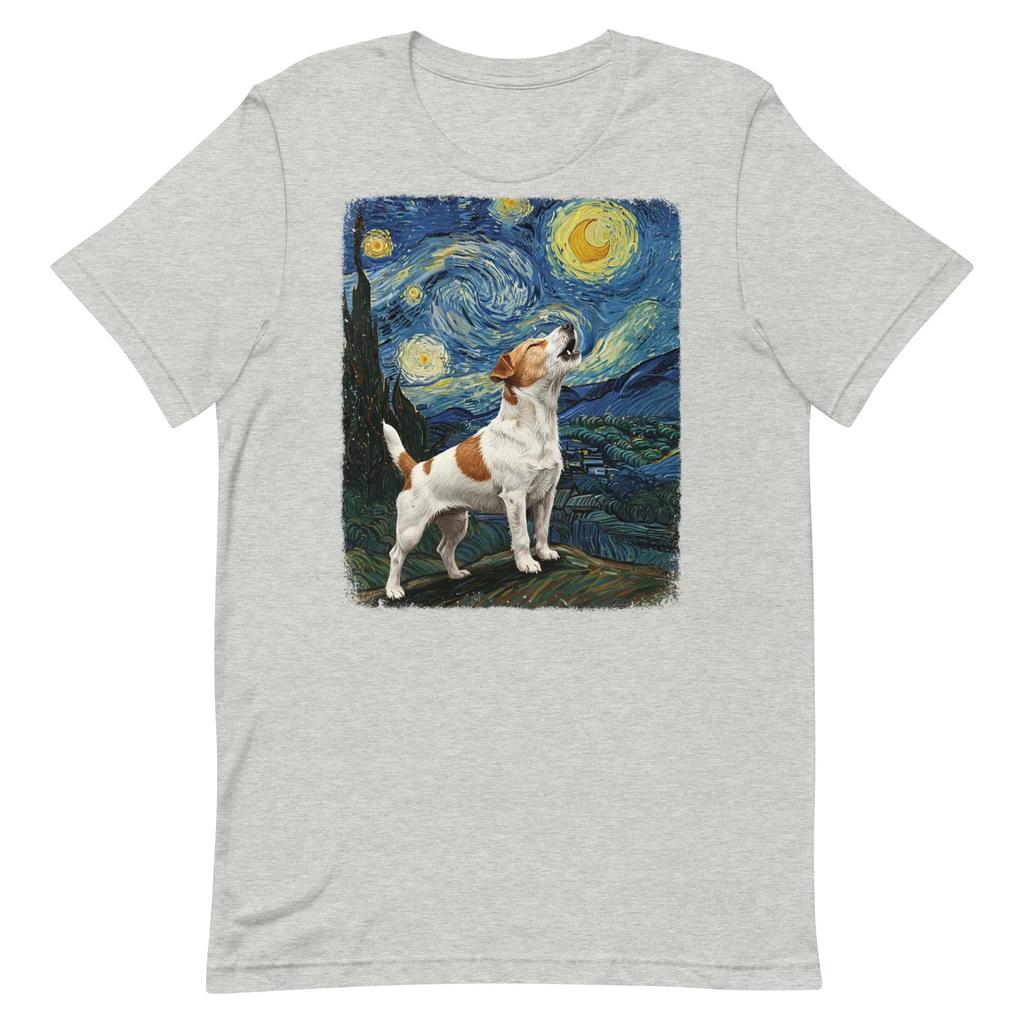 Новый Джек Рассел Воет на Луну Звездная Ночь Ван Гог Смешная Футболка Графические Футболки Ретро Уличная Одежда Высококачественная Мужская Футболка