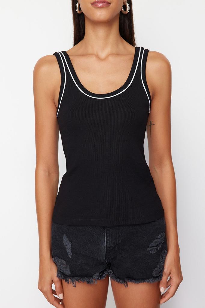 Women's Fashion New Athlete Black Contrast Piping Detailed Pool Neck Vüuda Fitted Ribbed Flexible Knitted Athlete