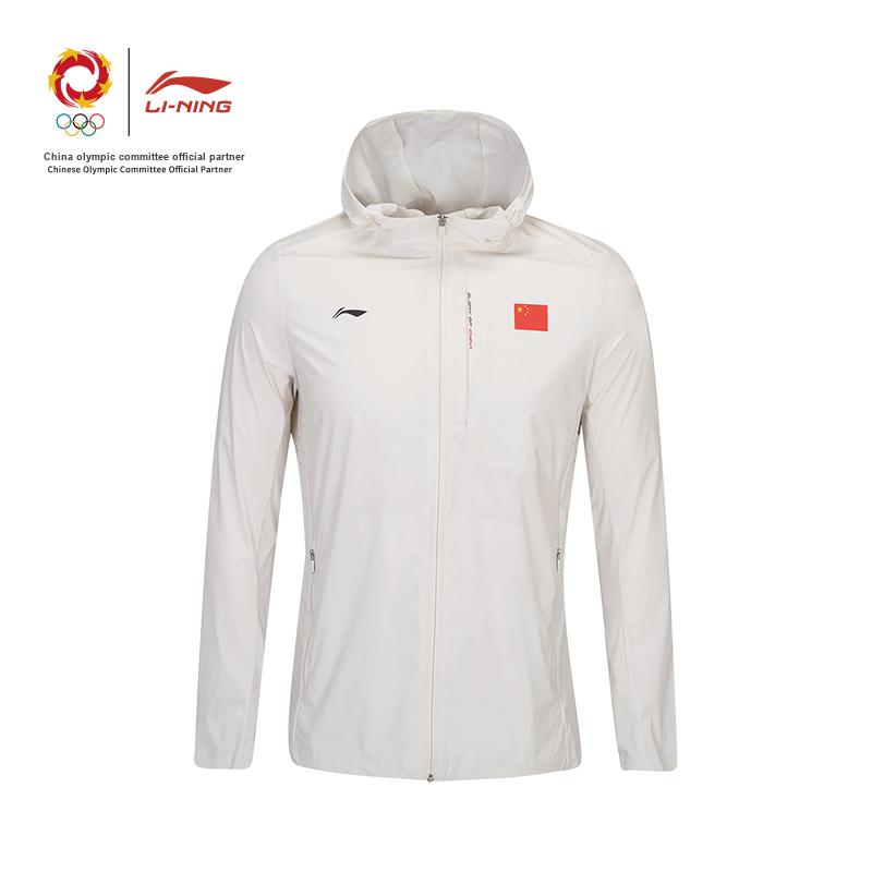 Li Ning Серия «Слава» для настольного тенниса Национальный флаг Весна-Лето Прохладный дышащий спортивный ветрозащитный костюм Женская верхняя одежда Цвет: Меловой серый AFDW302-2