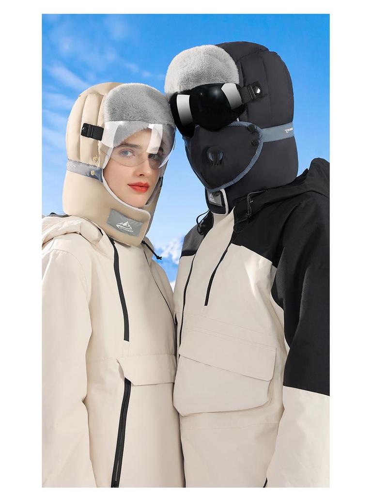 Зимняя шапка-ушанка для мужчин и женщин: Катание на лыжах на открытом воздухе, Подкладка из бархата, Теплые с очками, Ветрозащитные и водонепроницаемые