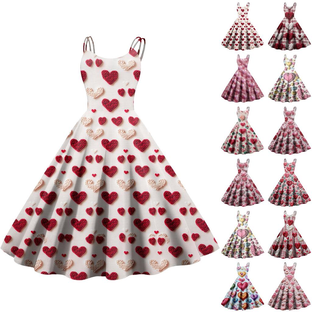 Women's Valentine's Day Love Heart Print Sexy Off Shoulder Vintage Dress