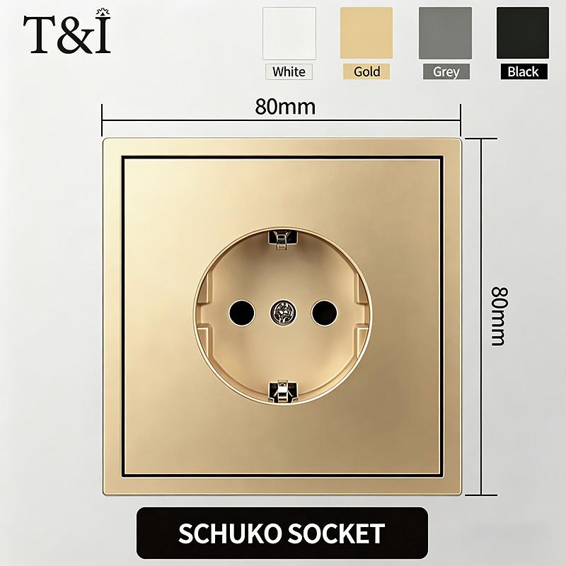 Flush Mount EU Electrical Socket 16A 250V with USB Type-C Charging 1/2 Gang Switch, 80x80mm Golden Panel for European Standard