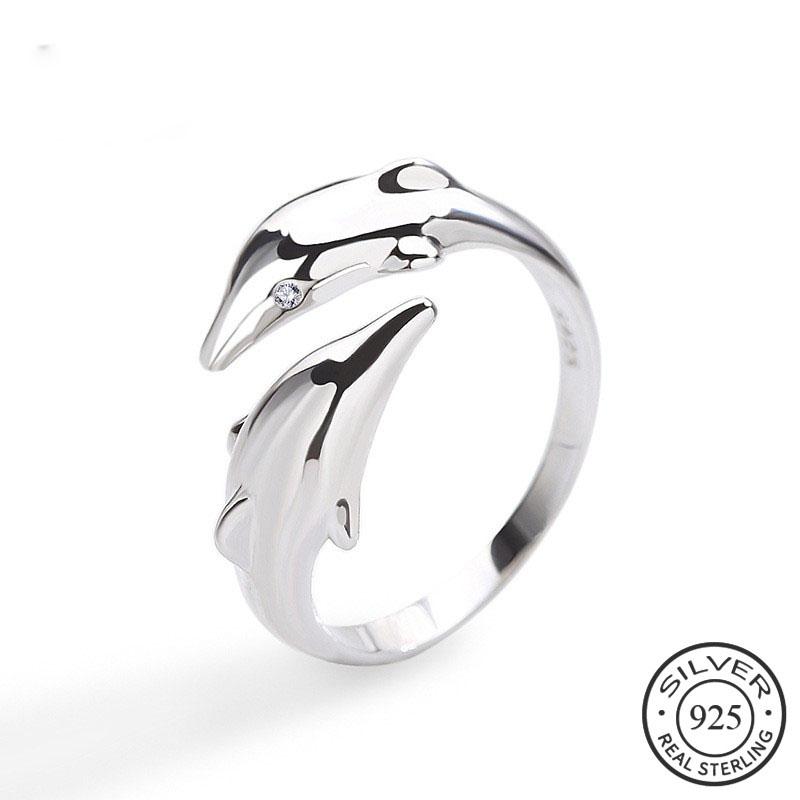 Genuine 925 Silver Smooth Surface Cute Animal Dolphin Adjustable Ring Fine Jewelry For Women Party Bijoux Gift