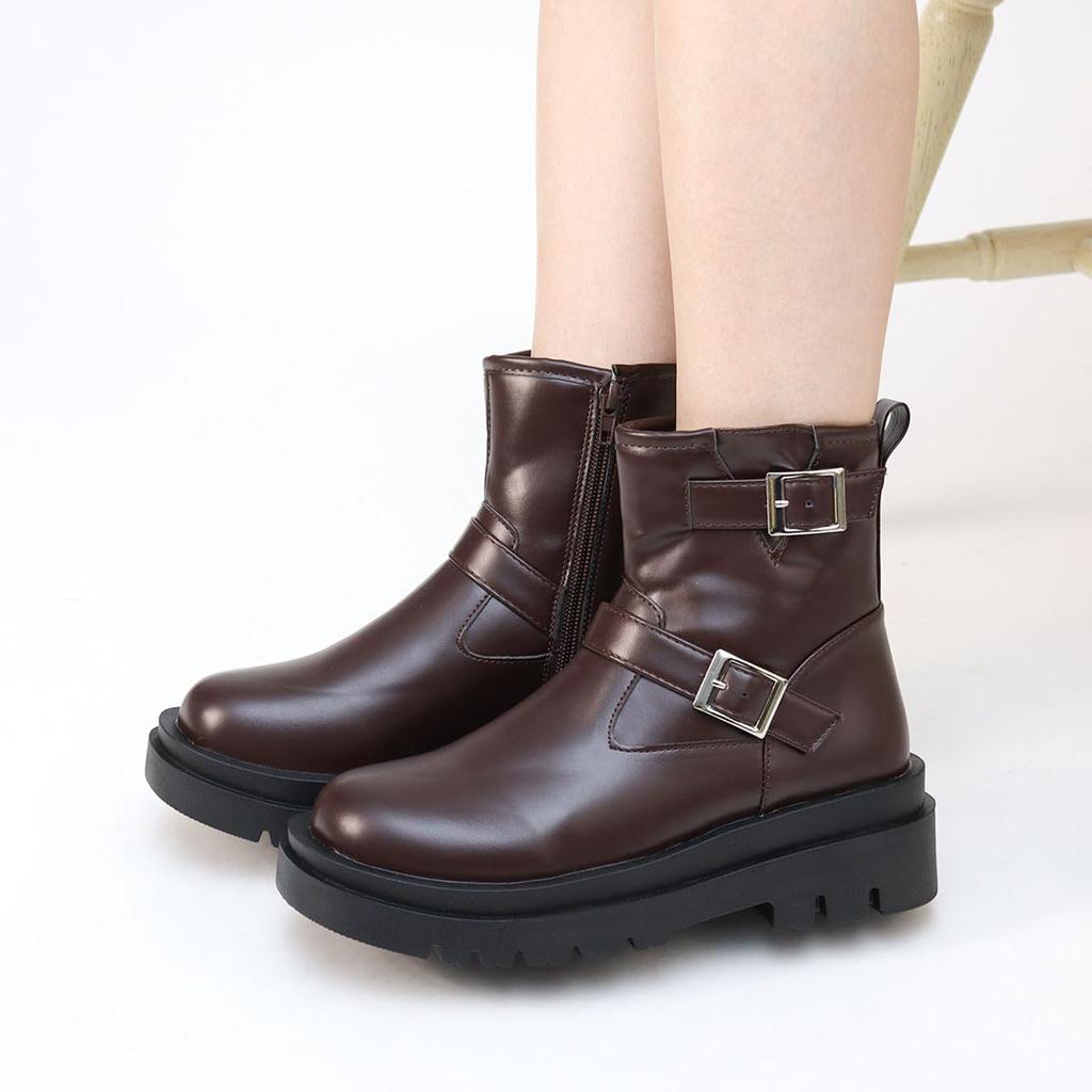 Инженерная сторона 5 см Круглый Легко ходить Усталость ПУ Синтетический Большой Японский Размер обуви [Liberty Doll] Ботинки, Ботинки, Женские, Ремень, Молния, Каблук, Носок, в,