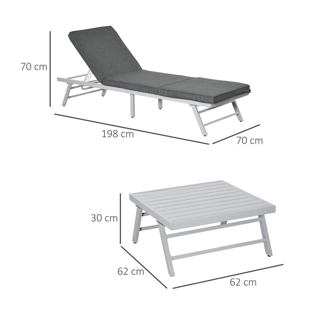 3 Pieces Garden Furniture Sets, 6 Seater Corner Sofa Set with Adjustable Backrest Chase Lounge with Slatted Metal Top Table, Padded Cushion, Grey