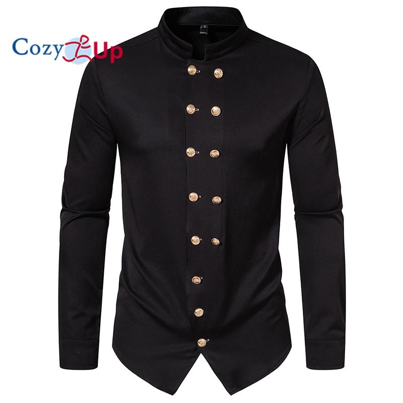 Cozy Up Mens Double Breasted Steampunk Dress Shirts Long Sleeve Punk Rock Gothic Shirt Men Halloween Party Prom Chemise Homme Black 2XL