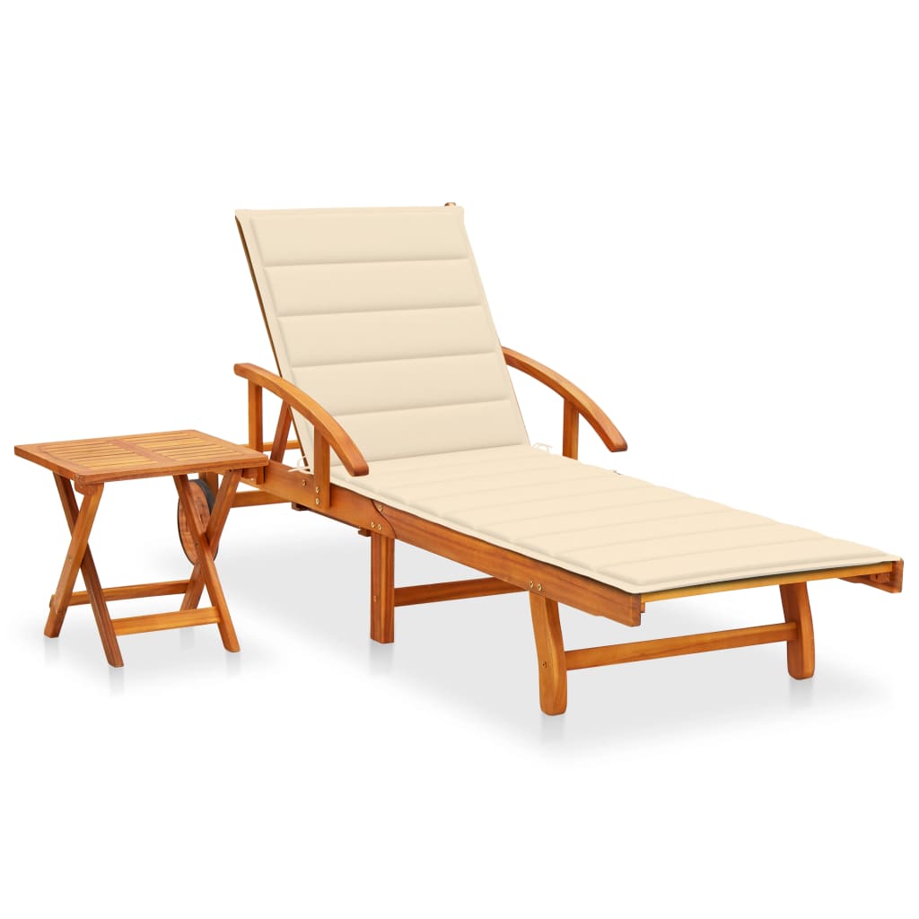 Sun Lounger with Table and Cushion Solid Acacia Wood