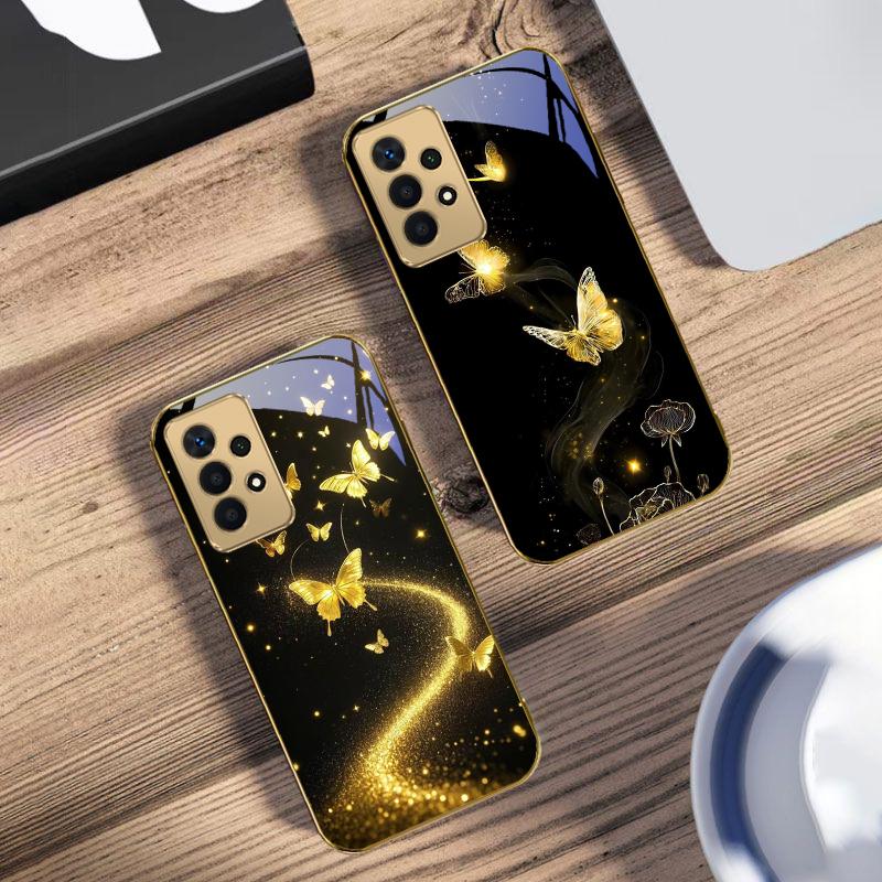 Извивающееся золотое сияние Для Samsung A 01 52S A04 A05S A10 A12 13 22 23 24 36 42 M02 Note 10 20Ultra 8 9 Золотой стеклянный чехол для телефона