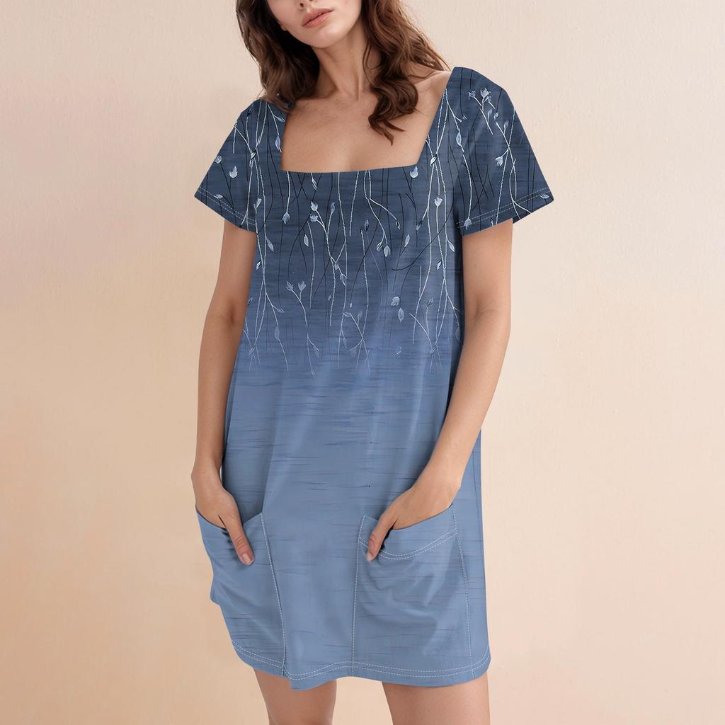 Женское модное повседневное платье с квадратным вырезом и коротким рукавом