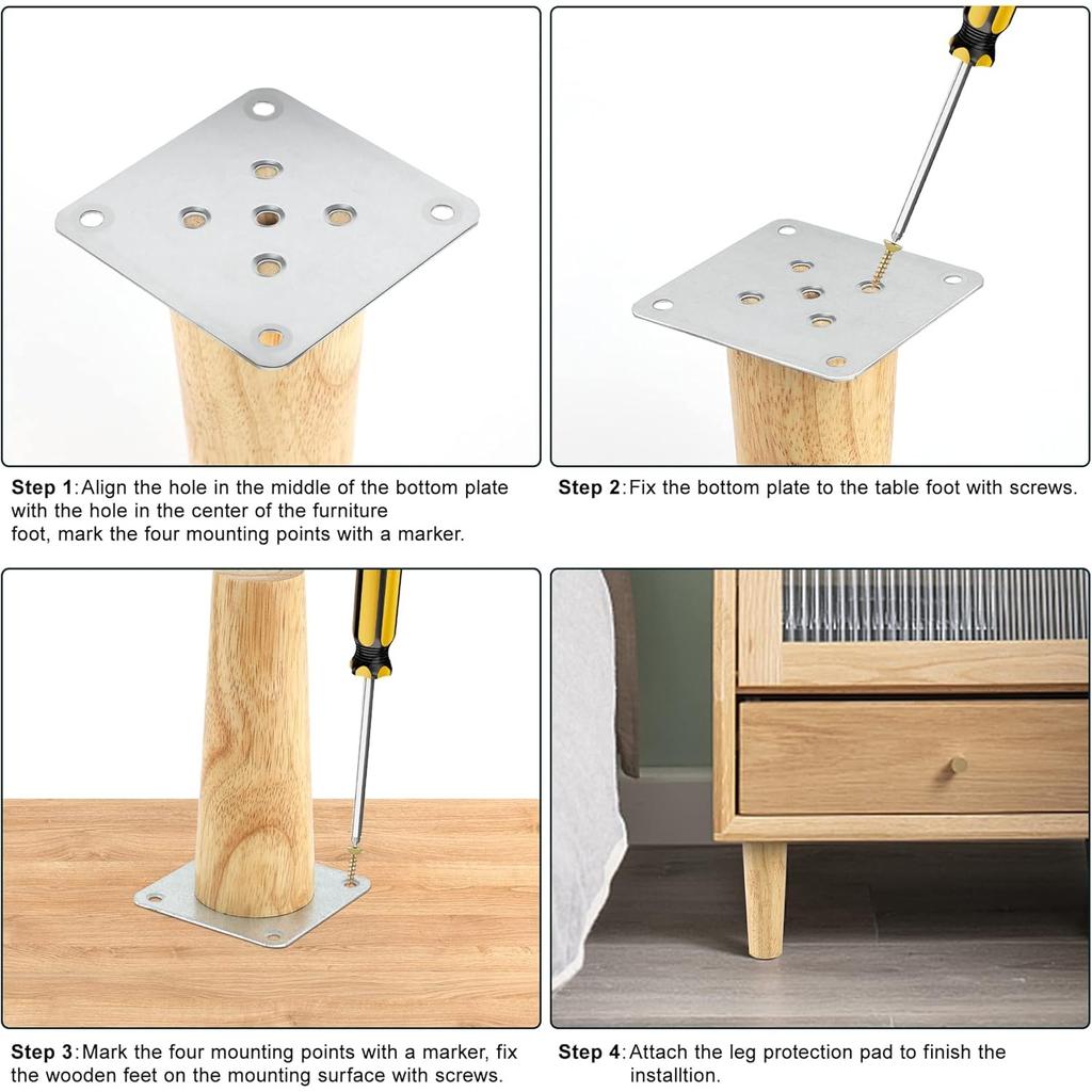 Pack of 4 Wooden Furniture Feet, Sofa Feet, 15 Cm Conical Replacement Table Legs, Furniture Legs with Mounting Plates & Screws for Sofa, Cabinet