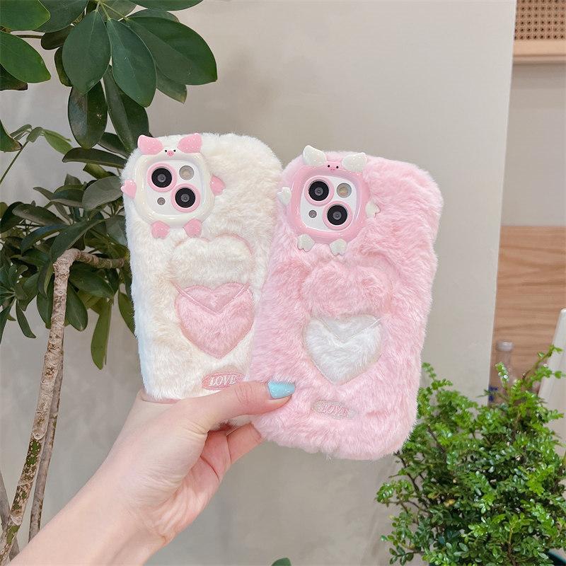 Осенне-зимний плюшевый чехол для объектива с рисунком свиньи в оправе для телефона iPhone 15 14 13 12 11 Pro Max, универсальный защитный чехол от падения