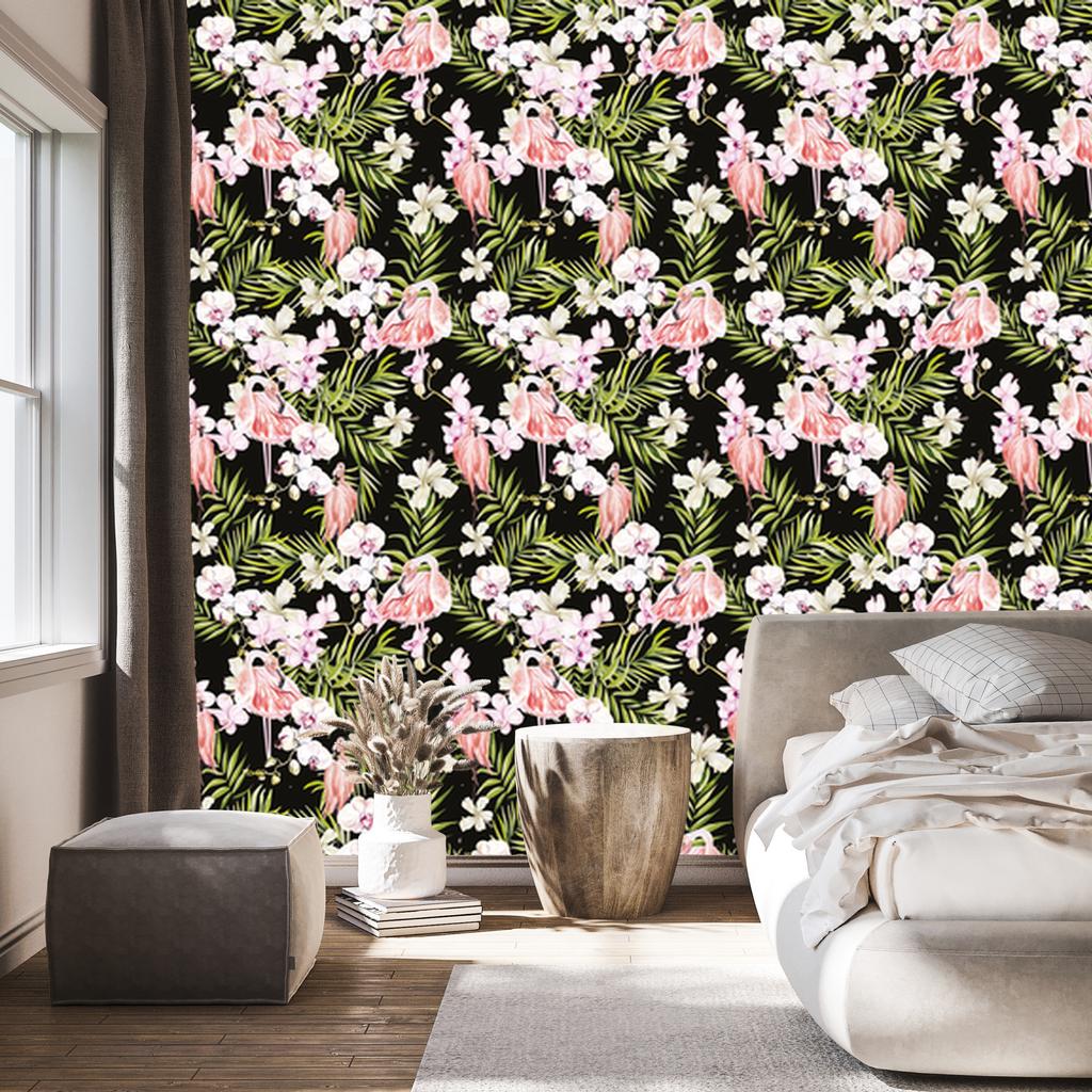 Flamingos flowers leaves and green wallpaper for living room and bedroom 50x1000