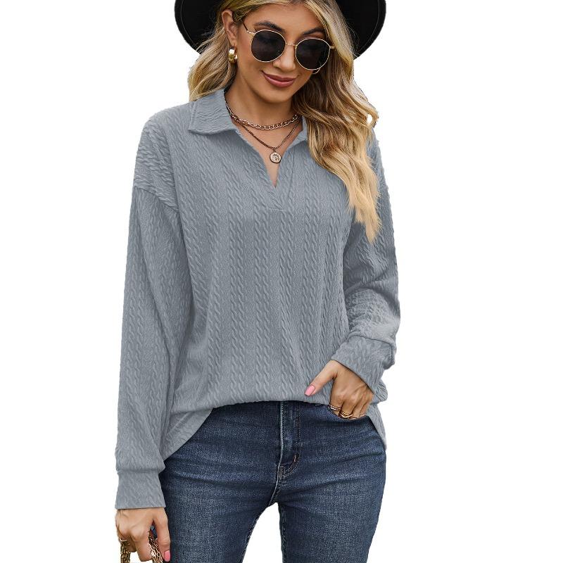 Spring and Autumn Women's Blouse Solid Color Lapel Loose Sweatshirt Long Sleeve Top