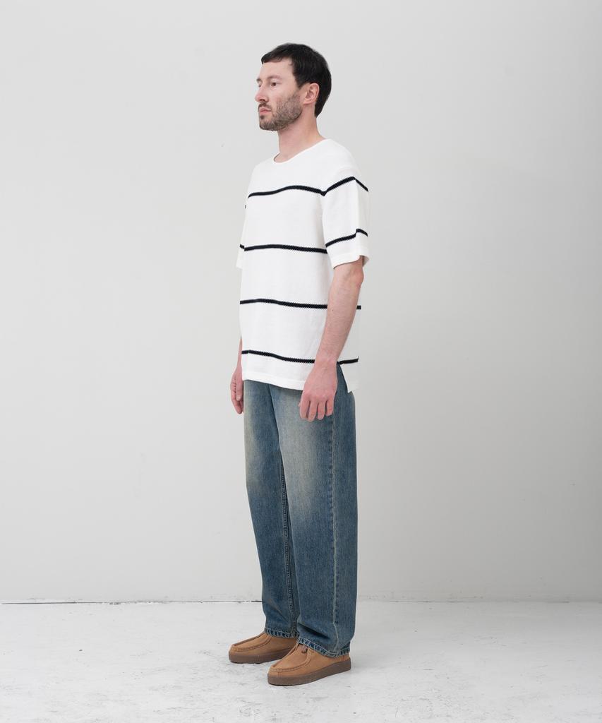 MANNERGRAM Striped Boat Neck 100% Cotton Short Sleeve Knit White