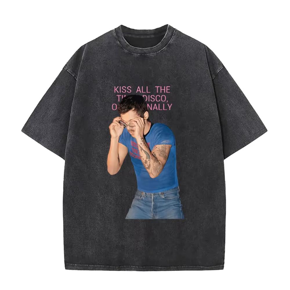 Vintage Washed Harry Styles Graphic T-shirt Men's Pop Album Hip Hop Short Sleeve T-shirts Casual 100% Cotton T Shirts Streetwear
