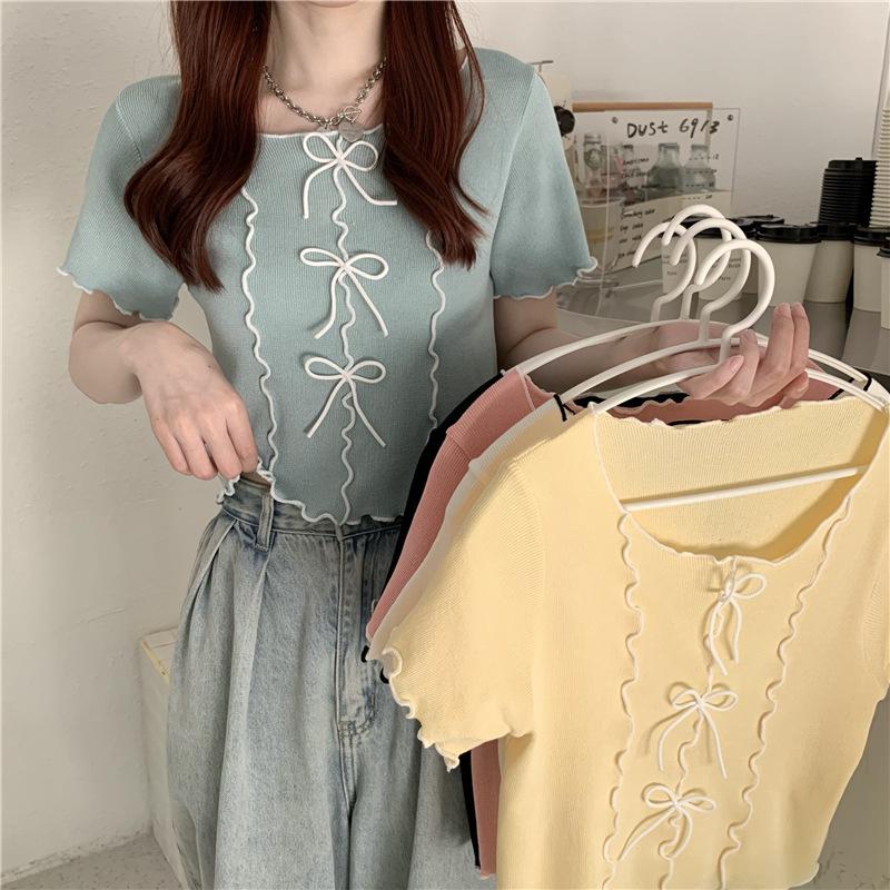 Футболка с короткими рукавами Bow Tie Wave Edge Color Collision, женская летняя, тонкая, с короткими секциями, маленькая рубашка, топы, повседневные, основные, облегающие, пуловеры, футболки