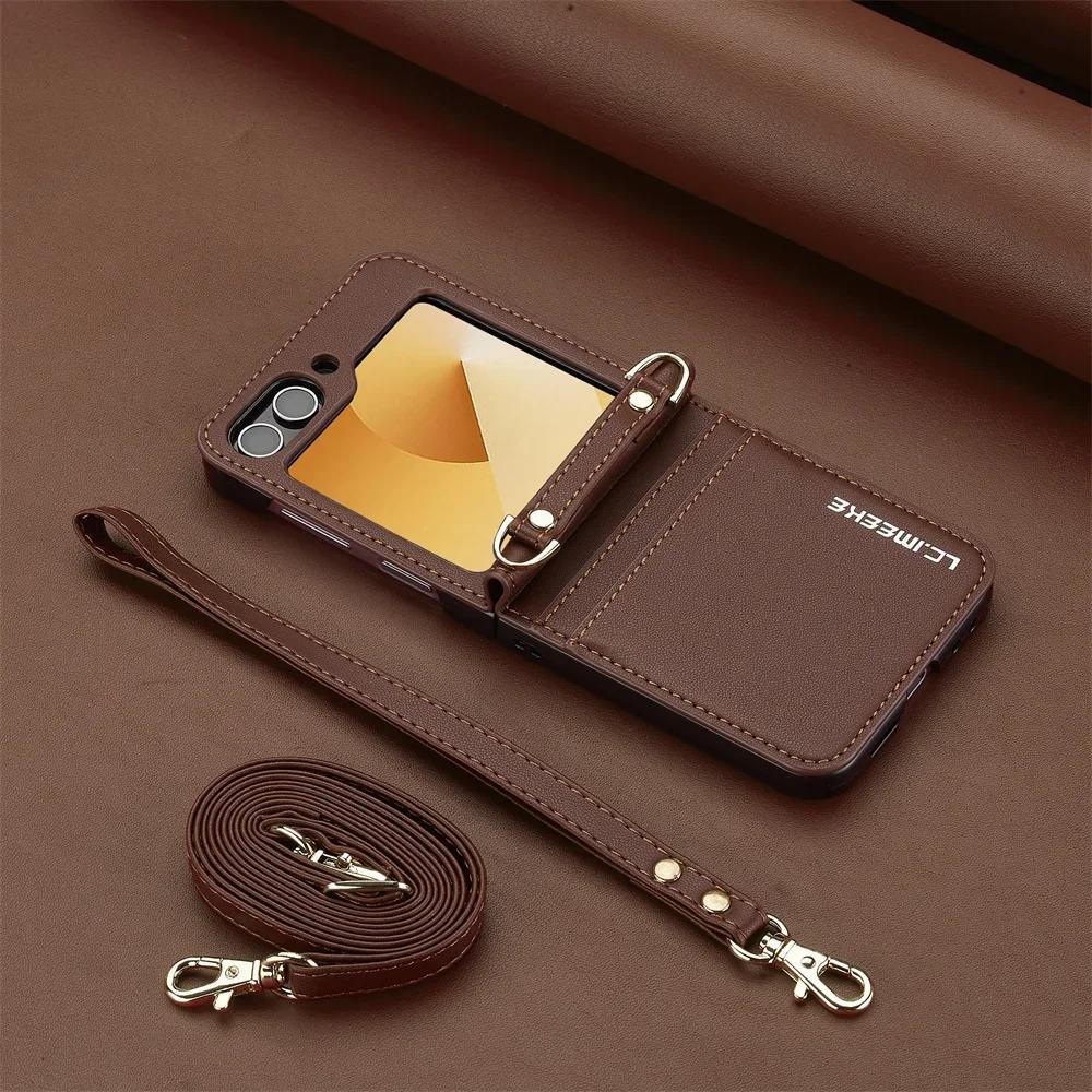 Чехол-кошелек через плечо для Samsung Galaxy Z Flip 6 5 4 3 Flip6 Flip5 Flip4 Flip3 5G Держатель для карт Ремешок на руку Шнурок Кожаный чехол