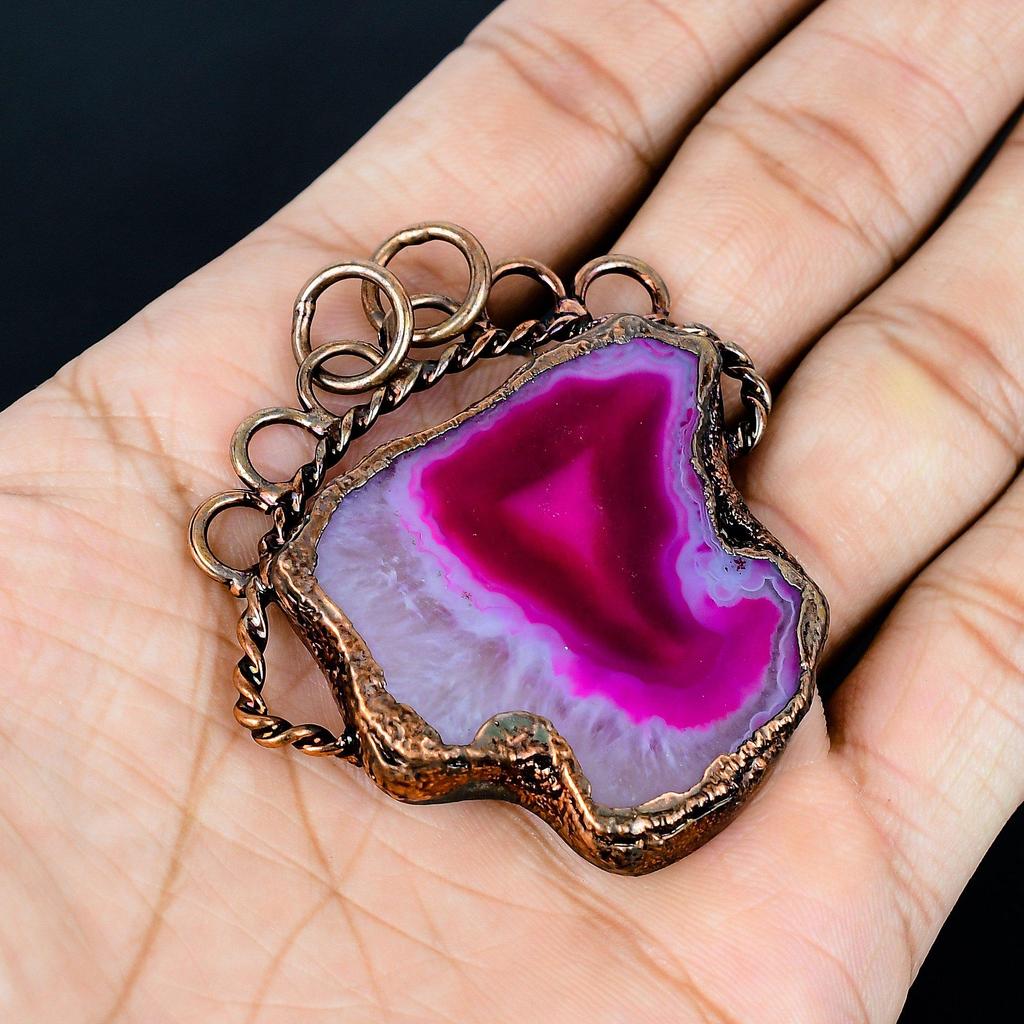 Pink Solar Druzy Pendant Gemstone Jewelry, Copper Electroformed Pendant, Gift For Women Handmade Pendant